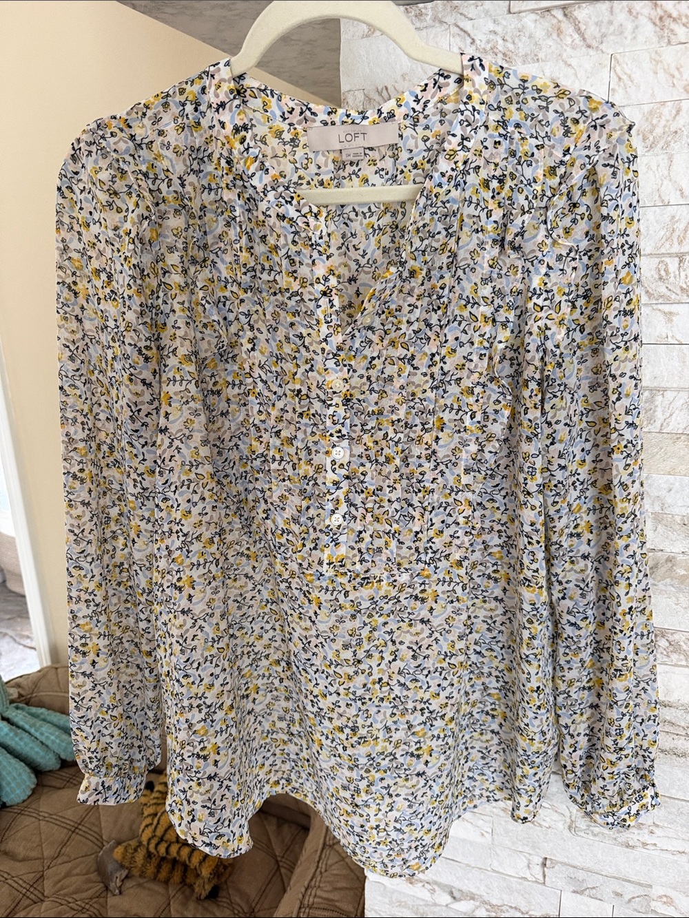 LOFT White Floral-Print Long Sleeve Blouse with Yellow & Blue Accents